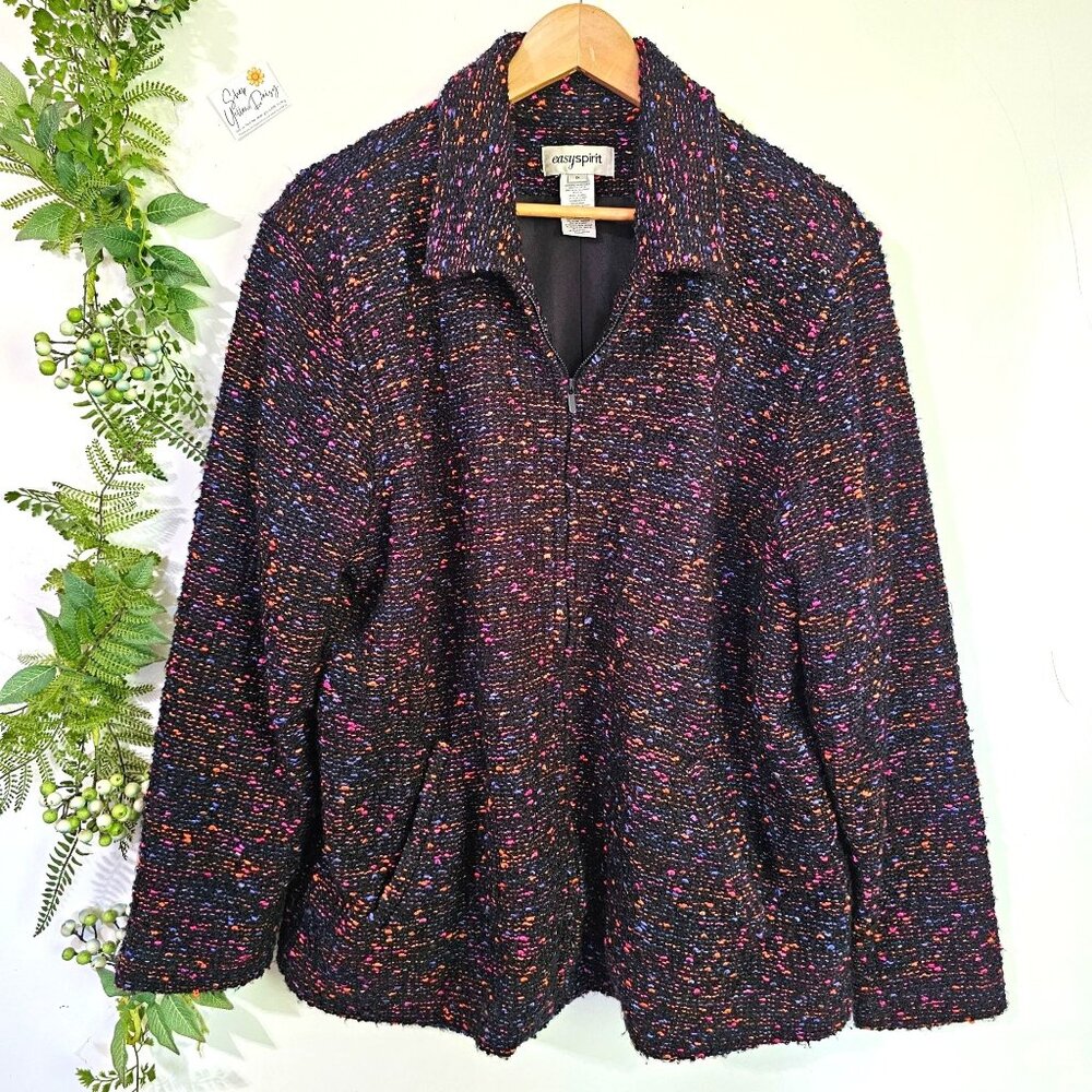 Vintage Easy Spirit Jacket 1X Multicolor Confetti Boucle Zip Front Cardigan